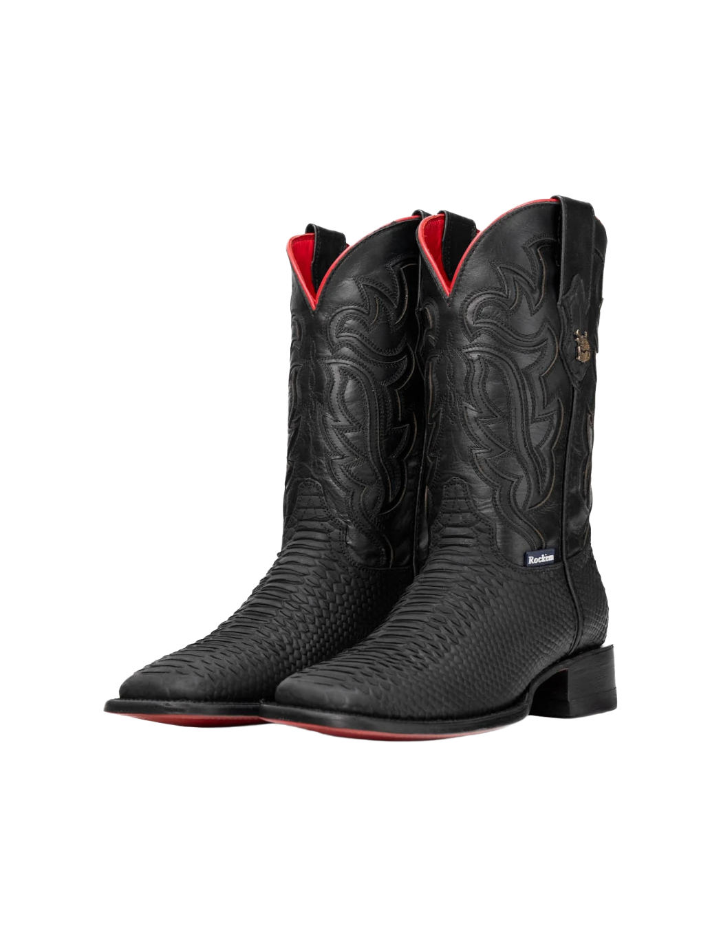 Mens Black Python Red Bottom Square Toe Cowboy Boot - Matte Black - Rock Em - Colt Boots and Western Wear