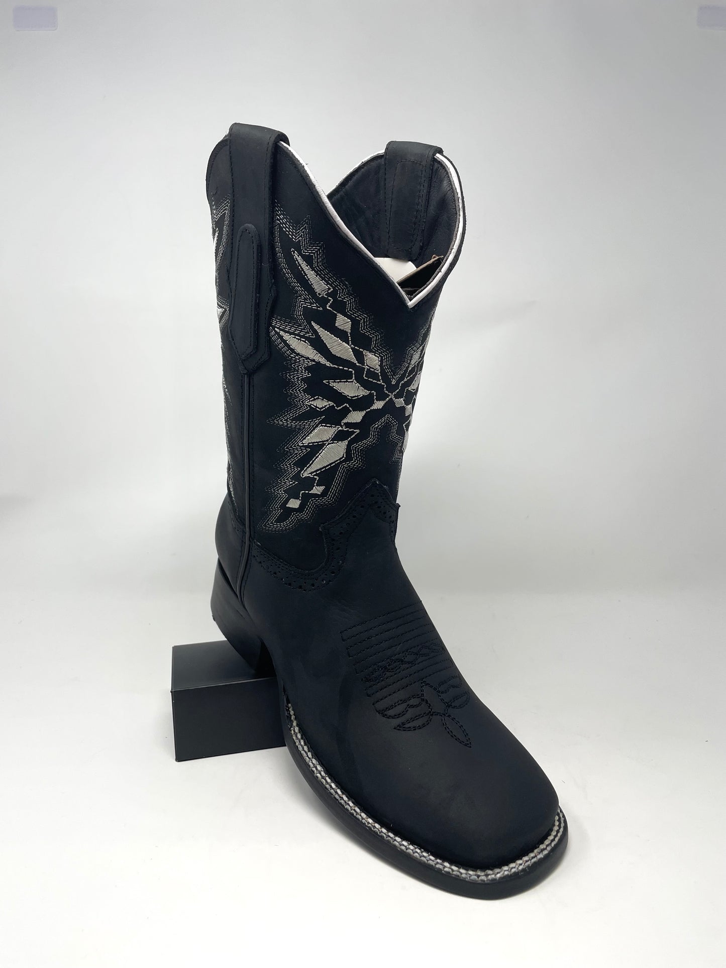 Black Wide Square Toe White Diamond Boots - Colt Boots and Western Wear