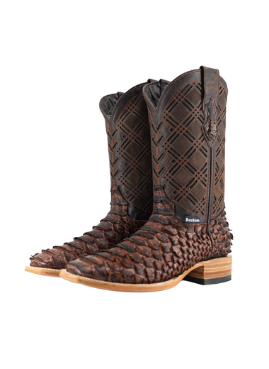 Mens Cognac Python Print Square Toe Cowboy Boot Rock Em - Colt Boots and Western Wear