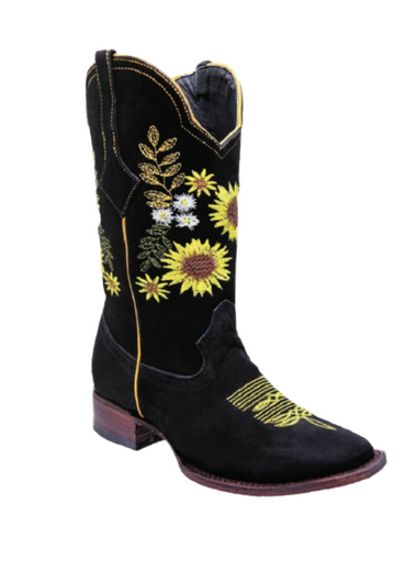 Ladies Black/Sunflower Nubuk Square Toe Boots White Diamond 488 - Colt Boots and Western Wear