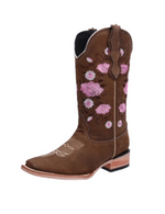 Ladies Tobacco/Pink Roses Nubuk Square Toe Boots White Diamond 495 - Colt Boots and Western Wear